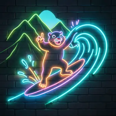 a marmot surfing a big wave, flashing a V sign, neon sign style, FLUX.2