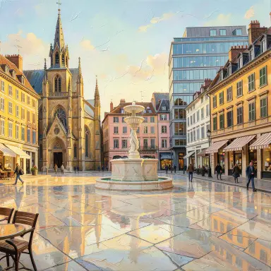 a sunlit city square with a fountain and buildings of different eras, oil painting style, FLUX.2
