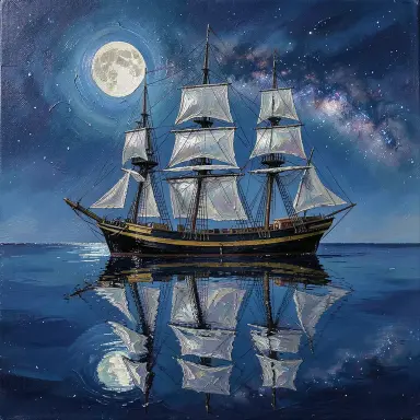a clipper ship on a mirror-flat sea under the full moon, oil painting style, FLUX.2