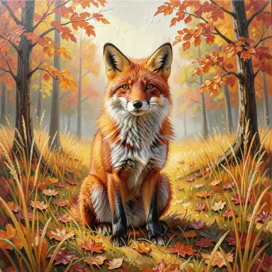 a red fox sitting in an autumn clearing, oil painting style, FLUX.2