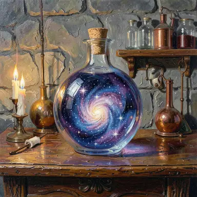 a galaxy swirling inside a glass flask in an alchemist's laboratory, oil painting style, FLUX.2