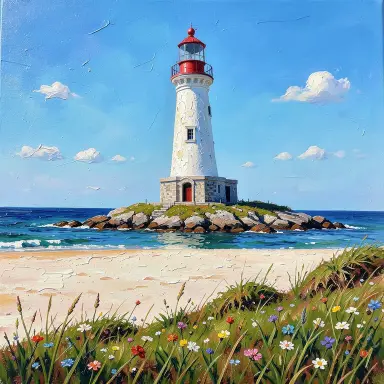 a lighthouse on a rocky islet, beach and dunes in front, oil painting style, FLUX.2