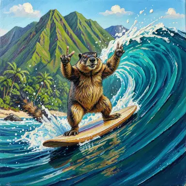 a marmot surfing a big wave, flashing a V sign, oil painting style, FLUX.2