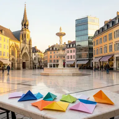 a sunlit city square with a fountain and buildings of different eras, origami style, FLUX.2