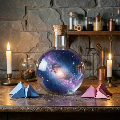 a galaxy swirling inside a glass flask in an alchemist's laboratory, origami style, FLUX.2