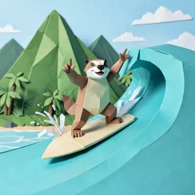 a marmot surfing a big wave, flashing a V sign, origami style, FLUX.2
