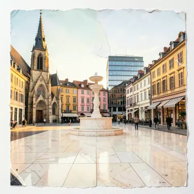 a sunlit city square with a fountain and buildings of different eras, paper collage style, FLUX.2