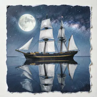 a clipper ship on a mirror-flat sea under the full moon, paper collage style, FLUX.2