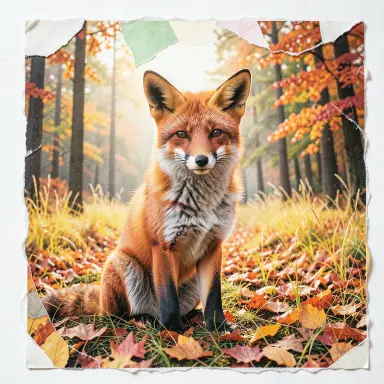 a red fox sitting in an autumn clearing, paper collage style, FLUX.2