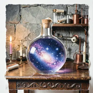 a galaxy swirling inside a glass flask in an alchemist's laboratory, paper collage style, FLUX.2