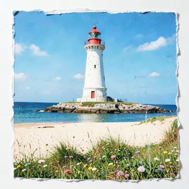 a lighthouse on a rocky islet, beach and dunes in front, paper collage style, FLUX.2