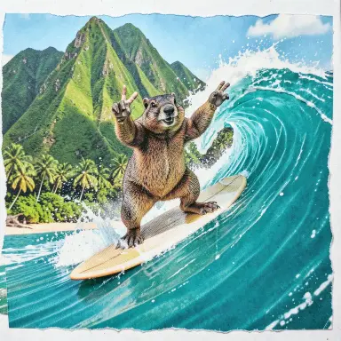 a marmot surfing a big wave, flashing a V sign, paper collage style, FLUX.2