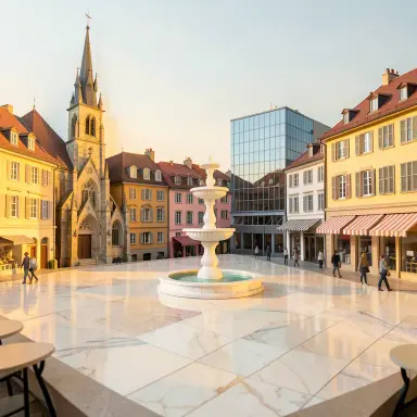 a sunlit city square with a fountain and buildings of different eras, paper cut style, FLUX.2
