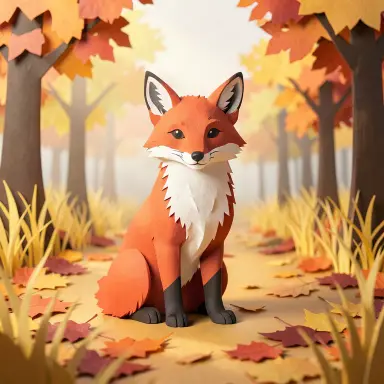 a red fox sitting in an autumn clearing, paper cut style, FLUX.2