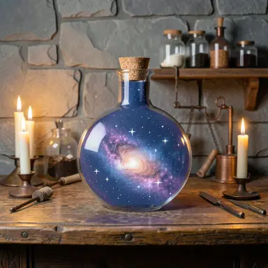 a galaxy swirling inside a glass flask in an alchemist's laboratory, paper cut style, FLUX.2