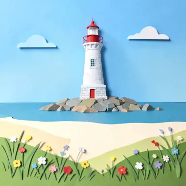 a lighthouse on a rocky islet, beach and dunes in front, paper cut style, FLUX.2