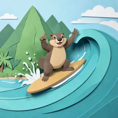 a marmot surfing a big wave, flashing a V sign, paper cut style, FLUX.2