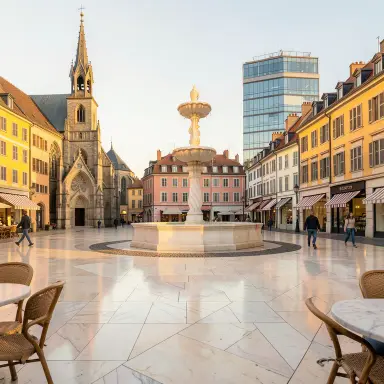 a sunlit city square with a fountain and buildings of different eras, paper quilling style, FLUX.2