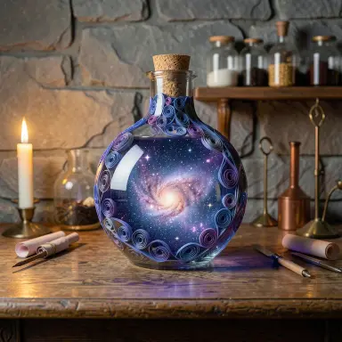 a galaxy swirling inside a glass flask in an alchemist's laboratory, paper quilling style, FLUX.2