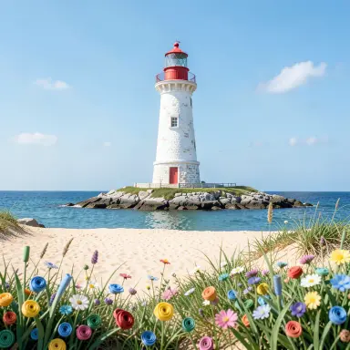 a lighthouse on a rocky islet, beach and dunes in front, paper quilling style, FLUX.2