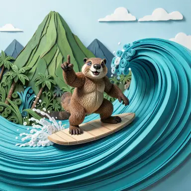 a marmot surfing a big wave, flashing a V sign, paper quilling style, FLUX.2