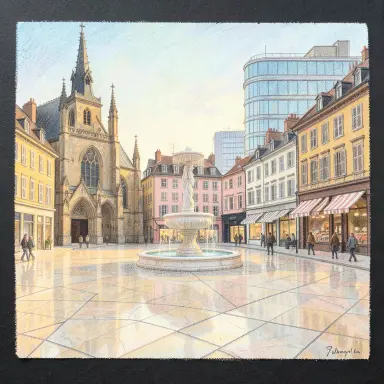 a sunlit city square with a fountain and buildings of different eras, pastel drawing style, FLUX.2