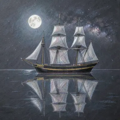 a clipper ship on a mirror-flat sea under the full moon, pastel drawing style, FLUX.2