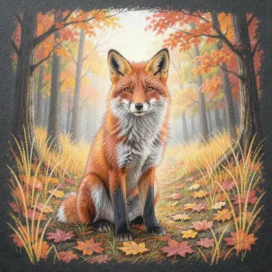 a red fox sitting in an autumn clearing, pastel drawing style, FLUX.2