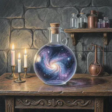 a galaxy swirling inside a glass flask in an alchemist's laboratory, pastel drawing style, FLUX.2