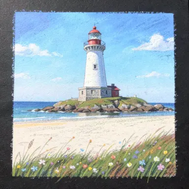a lighthouse on a rocky islet, beach and dunes in front, pastel drawing style, FLUX.2