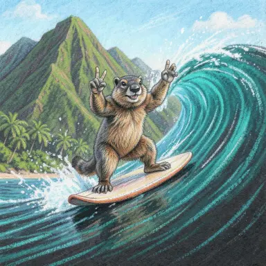 a marmot surfing a big wave, flashing a V sign, pastel drawing style, FLUX.2