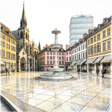 a sunlit city square with a fountain and buildings of different eras, pen and ink style, FLUX.2