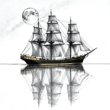 a clipper ship on a mirror-flat sea under the full moon, pen and ink style, FLUX.2