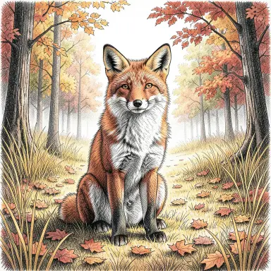 a red fox sitting in an autumn clearing, pen and ink style, FLUX.2