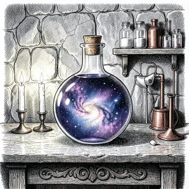 a galaxy swirling inside a glass flask in an alchemist's laboratory, pen and ink style, FLUX.2