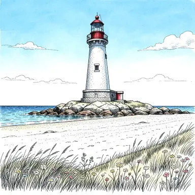 a lighthouse on a rocky islet, beach and dunes in front, pen and ink style, FLUX.2