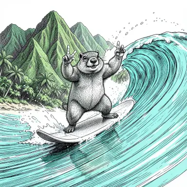 a marmot surfing a big wave, flashing a V sign, pen and ink style, FLUX.2