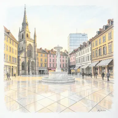 a sunlit city square with a fountain and buildings of different eras, pencil sketch style, FLUX.2