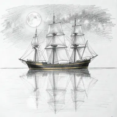 a clipper ship on a mirror-flat sea under the full moon, pencil sketch style, FLUX.2