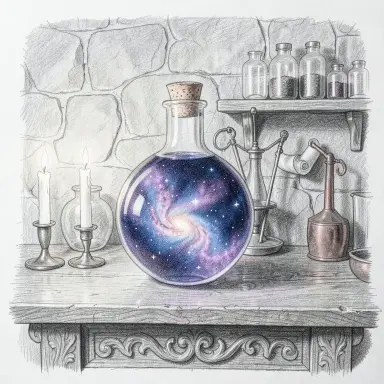a galaxy swirling inside a glass flask in an alchemist's laboratory, pencil sketch style, FLUX.2