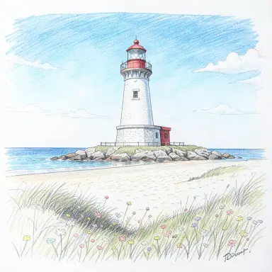 a lighthouse on a rocky islet, beach and dunes in front, pencil sketch style, FLUX.2