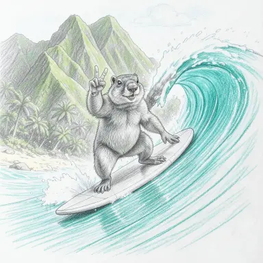 a marmot surfing a big wave, flashing a V sign, pencil sketch style, FLUX.2