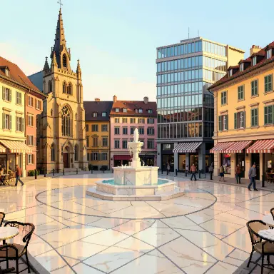 a sunlit city square with a fountain and buildings of different eras, pixel art style, FLUX.2