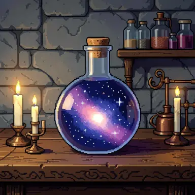 a galaxy swirling inside a glass flask in an alchemist's laboratory, pixel art style, FLUX.2