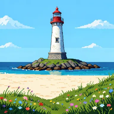 a lighthouse on a rocky islet, beach and dunes in front, pixel art style, FLUX.2