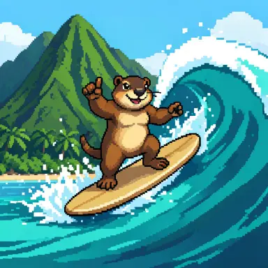 a marmot surfing a big wave, flashing a V sign, pixel art style, FLUX.2