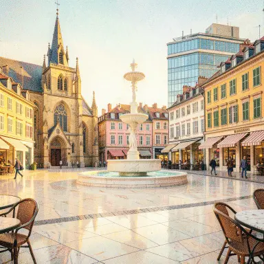 a sunlit city square with a fountain and buildings of different eras, pointillism style, FLUX.2