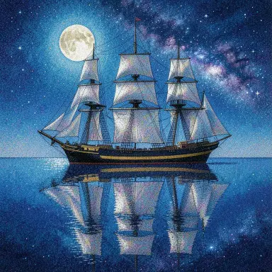 a clipper ship on a mirror-flat sea under the full moon, pointillism style, FLUX.2
