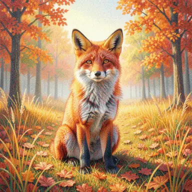 a red fox sitting in an autumn clearing, pointillism style, FLUX.2