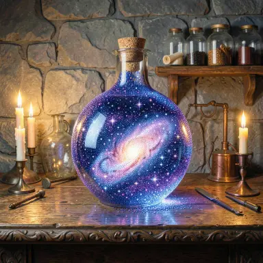 a galaxy swirling inside a glass flask in an alchemist's laboratory, pointillism style, FLUX.2